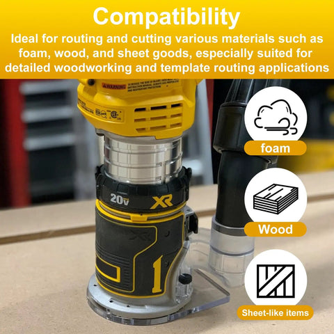 Close-up of DEWALT DWP611 Router Dust Collection Adapter in use with foam and wood cutting visuals.
