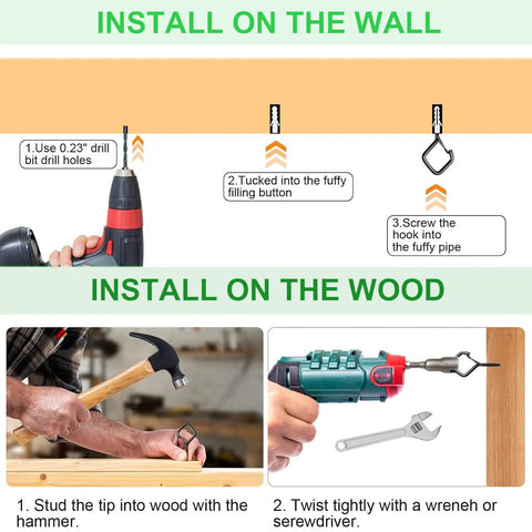 Installation guide for Heavy Duty 30 Pcs Black Eye Screw Hooks Ceiling Hooks for Hanging Plants and more on wall and wood.