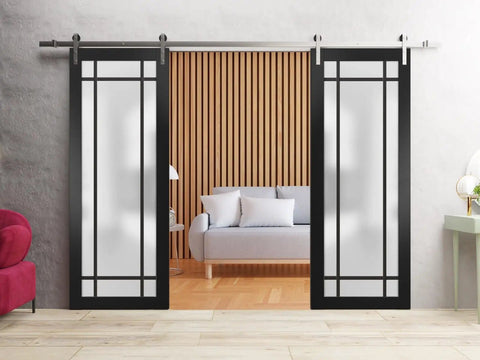 Built Tough Double Barn Sliding Door With Frosted Glass Panels, Matte Black Finish, 13-Foot Silver Rail System, modern living room view