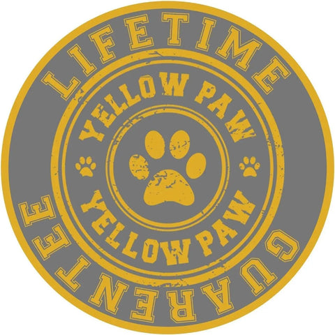 Yellow Paw Lifetime Guarantee circular emblem featuring a paw print design with yellow text on gray background.