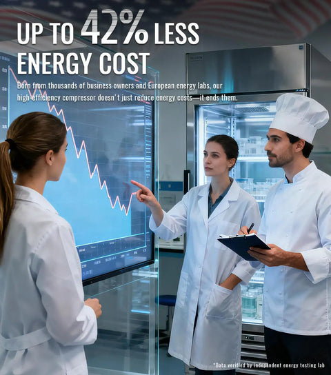 Top Notch Commercial Reach In Freezer Made From Solid Stainless Steel With A Roomy 49.6 Cubic Foot Hold And Sure Fire Digital Thermostat Controls Minus 10 To Plus 10 Degrees Plus Hassle Free Defrost For Busy Bars Restaurants And Shops, shown in use with researchers discussing energy efficiency.