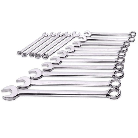 Premium 15 Piece Wrench Set Built Tough With Chrome Vanadium Steel Long Pattern Design Metric Sizes 8mm To 22mm Rust Resistant Mirror Chrome Finish ANSI B107.6 Ready Includes Sturdy Storage Rack displayed on white background