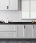 Kitchen cabinets with 10 Pack Matte Black 3 Inch Hole Center Cabinet Handles Stainless Steel Square Dresser Pulls installed.