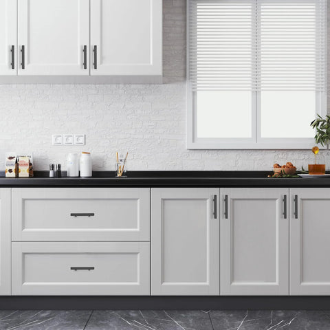 Kitchen cabinets with 10 Pack Matte Black 3 Inch Hole Center Cabinet Handles Stainless Steel Square Dresser Pulls installed.