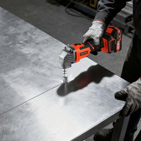Person using Cordless Metal Nibbler With 20V 4000mAh Battery 2200 RPM Brushless Motor Electric Nibbler Cutter on metal sheet
