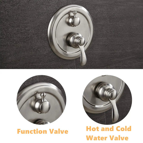 Function valve and hot and cold water valve of All In One Shower System With Wall Mounted Fixtures Rough In Valve And Trim Kit In Brushed Nickel