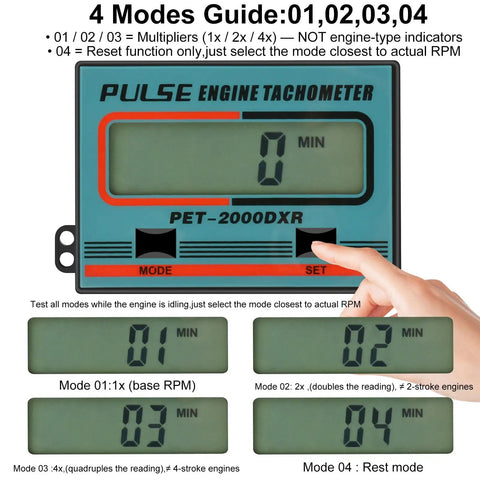 Digital Pro Grade Small Engine Tachometer With Clip showing modes guide and buttons