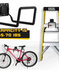 Heavy Duty Metal Wall Mounted Garden Hose Holder Reel For Outdoor Backyard Storage with ladder and bicycle for scale