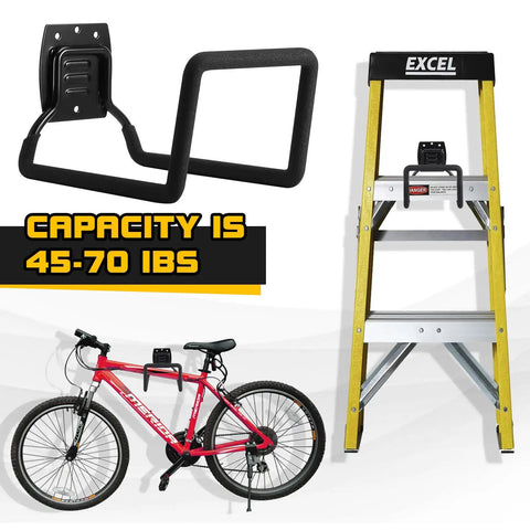 Heavy Duty Metal Wall Mounted Garden Hose Holder Reel For Outdoor Backyard Storage with ladder and bicycle for scale