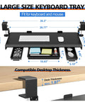 Diagram of large height adjustable keyboard tray with sturdy C-clamp mount and storage drawer, 27 inch wide, black.