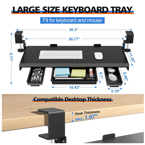 Diagram of large height adjustable keyboard tray with sturdy C-clamp mount and storage drawer, 27 inch wide, black.