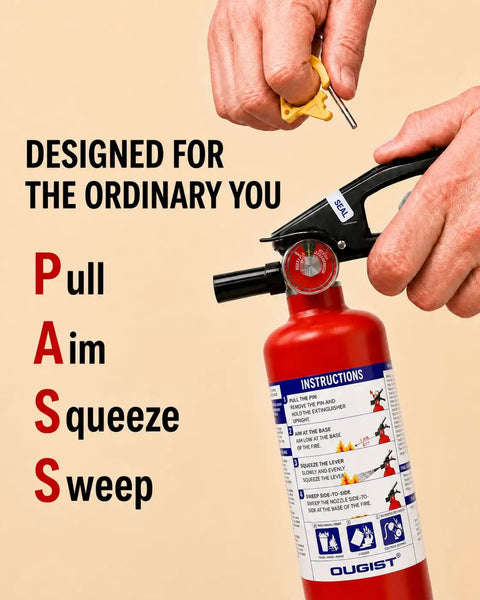 ABC Fire Extinguisher For Home Base With Patent Pending Easy Press Handle That Skips The Pin Drama, 2.5 Lb Unit showing instructions on use.