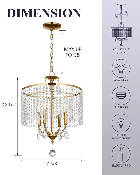 Gold Crystal Chandelier Pendant Lighting Fixture 17 Inch Modern Hanging Light For Living Room Dining Room Bedroom Art Deco Style With K9 Crystals And Warm Gold Frame. Image shows dimensions and details of the chandelier with adjustable chain.