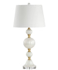 Pearl White Fluted Glass LED Table Lamp 30 Inch With Stacked Sphere Crystal Base White Faux Silk Shade