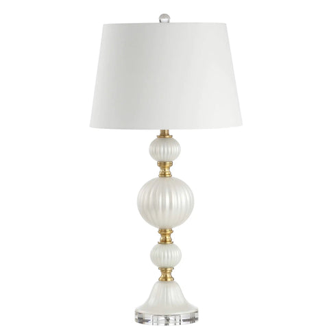 Pearl White Fluted Glass LED Table Lamp 30 Inch With Stacked Sphere Crystal Base White Faux Silk Shade