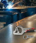 Solid Locking Clamp Set Featuring 10 Inch Welding Pipe Plier And 5 Inch Mini C-Clamp With Ergonomic Rubberized Handles on a work table.