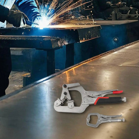 Solid Locking Clamp Set Featuring 10 Inch Welding Pipe Plier And 5 Inch Mini C-Clamp With Ergonomic Rubberized Handles on a work table.