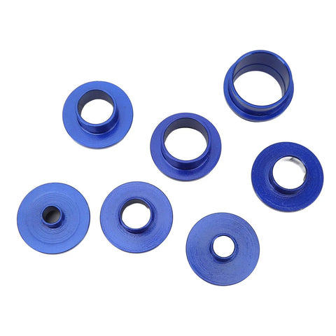 Rock Solid 10 Piece Router Template Guide Bushing Kit With 8 Precision Aluminum Bushings and Heavy Duty Lock Nuts for Dead On Woodworking and CNC Routing Jobs, blue aluminum bushings arranged on a white surface.
