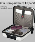 Lightweight 16 Inch Carry On Luggage With Dual Compartments For 14 And 15 Inch Laptops, 16.14 By 8 By 17.12 Inches Rolling Hardshell ABS And PC Suitcase With Silent Spinner Wheels, Overhead Bin Friendly For Business Trips Milky White showing open main compartment with clothing.