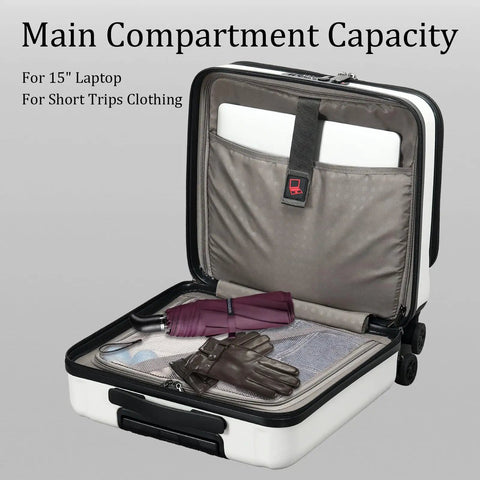 Lightweight 16 Inch Carry On Luggage With Dual Compartments For 14 And 15 Inch Laptops, 16.14 By 8 By 17.12 Inches Rolling Hardshell ABS And PC Suitcase With Silent Spinner Wheels, Overhead Bin Friendly For Business Trips Milky White showing open main compartment with clothing.