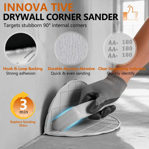Semi Circular Corner Sander Kit With Hook And Loop Backing, 12 Piece 9 Inch Sanding Discs Set 120 180 240 Grit For Tight Corners And Flat Walls Great For Drywall Wood And Paint Prep in use on 90-degree corner.
