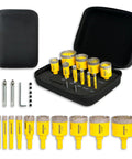Diamond Hole Saw Kit 10 Pieces with Pilot Bits for Tile Ceramic Glass in open black case with yellow saws displayed
