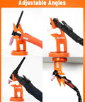 RUBIK orange TIG welding torch holder with magnetic base; front, side, close-up, installed views.