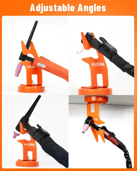 RUBIK orange TIG welding torch holder with magnetic base; front, side, close-up, installed views.