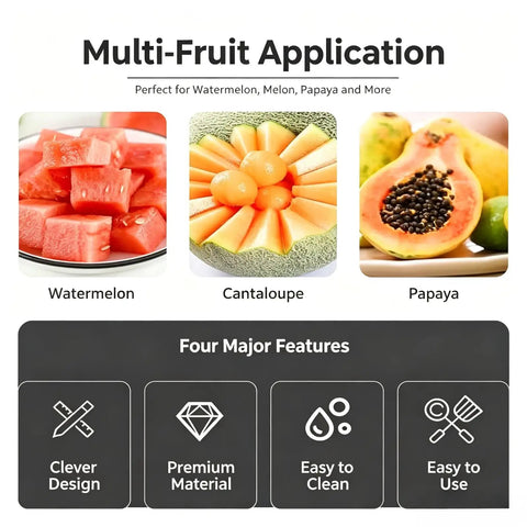 Multi-fruit application of Two Pack Stainless Steel Watermelon Cutter Slicer Dual Head Kitchen Gadget with 2-In-1 Fork and Scoop.