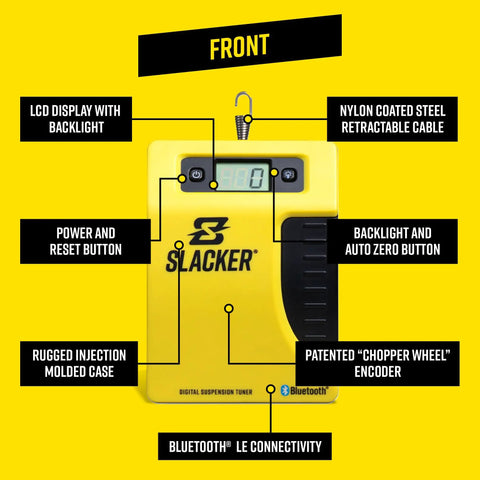 Front view of MTB Sag Tool Pro Digital Suspension Tuning Kit with labeled features like LCD display and nylon-coated cable.