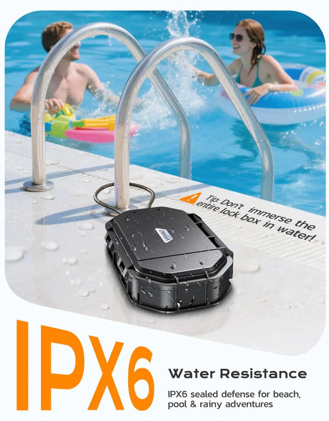 Portable Travel Safe Lock Box With 4 Digit Combo Waterproof Durable Security Case by a poolside with steel cable attached