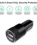 Robust Dual Port Car Charger With Hella Fast Sync Tech Featuring Quick Charge 3.0 showing two USB ports and security features.