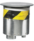 Heavy Duty Recessed Through Floor Fitting With Bulletproof Wiring Compartments And Rock Solid Low Voltage Power Divider For Pro Level Building Installations and Fire Rated Code Compliance Without Extra Plates or Enclosures, showing yellow and black safety tape.