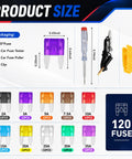 Top Shelf Car Fuse Assortment Kit With 120 Pieces Covering Ten Amp Ratings From Two To Thirty Five showing assorted mini blade fuses and testers.
