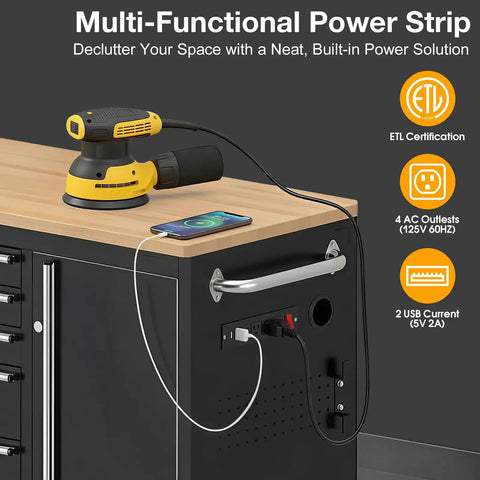 Top Shelf 72 Inch Rolling Tool Chest With 10 Smooth Drawers Solid Rubber Wood Top Mobile Workstation Featuring Built In Power Strip And Secure Locking System For Garage Pro Rigs power strip with phone charger and sander on wood top
