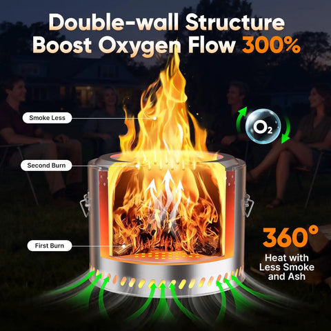 Smokeless Wood Burning Stove 19.5 Inch Stainless Steel Portable Outdoor Heater with double-wall design for efficient burning