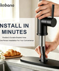 IKEBANA Black Kitchen Faucet with Pull Down Sprayer, showing flexible braided hose and one-person installation feature.