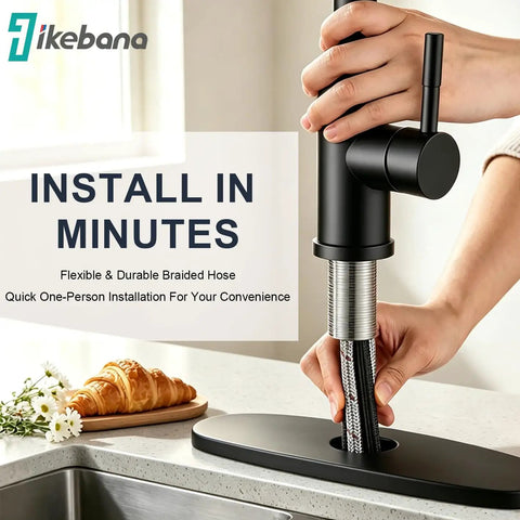 IKEBANA Black Kitchen Faucet with Pull Down Sprayer, showing flexible braided hose and one-person installation feature.