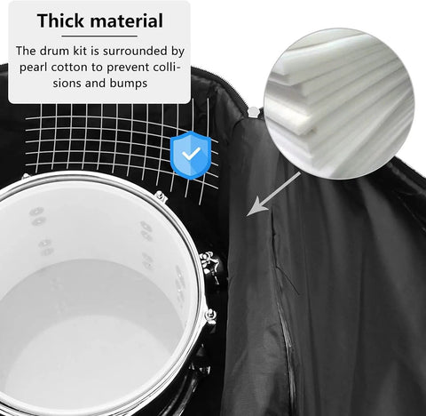 Interior view of Ultra Heavy Duty 5 Piece Padded Drum Bag Set With Tough Durable Nylon Travel Cases, showcasing thick padding.