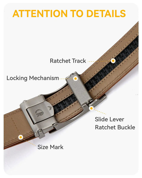 Close-up of Men's Leather Ratchet Belt 2 Pack With Custom Fit Up To 1.5 Inches, showing easy click buckle and ratchet track
