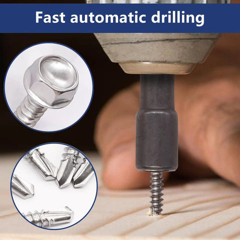 Close-up of Size Eight Go To Self Tapping Screws Set for Metal with Bit 410 Stainless Hex Washer Head Self Drilling No Pre Drill Needed