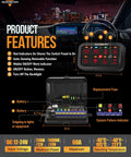 Beefed-Up 8 Gang Toggle Switch Panel With RGB Backlit features diagram showing installation and power details.