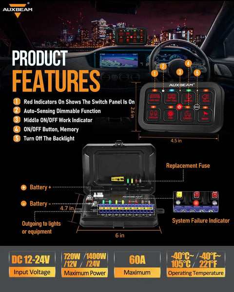 Beefed-Up 8 Gang Toggle Switch Panel With RGB Backlit features diagram showing installation and power details.