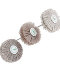 3 Pack Nylon Abrasive Wheel Brush Filament Set With 320 400 600 Grit For Rust Removal, Corrosion Cleanup, Woodworking Polish, Paint Prep, And Getting Into Crevices And Tight Corners With A 6mm Threaded Shank, showing front view.