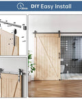8 Foot Sliding Barn Door Hardware Track Kit With Black Wall Mount And Handle Big Industrial Spoke Wheel Pulley Smooth Quiet Glide Easy Install 96 Inch Track Fits 44 To 46 Inch Openings No Door Included installed in bathroom view