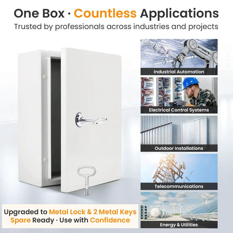 Rock Solid Lockable Metal Electrical Junction Box With IP65 Weatherproof Cover For Indoor Outdoor Projects, closed with key.