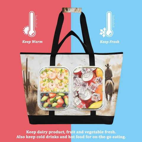 Western Desert Cowboy Style Insulated Cooler Bag With Large Compartment Reusable Thermal Tote with food and drinks inside