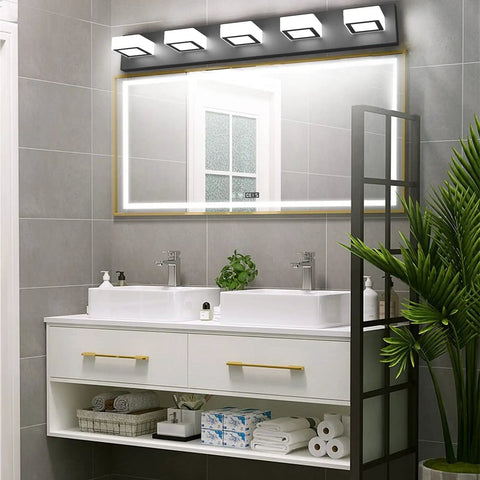 Five Light Modern Black Bathroom Vanity Fixture with Adjustable Acrylic Shades over mirror in elegant bathroom setting