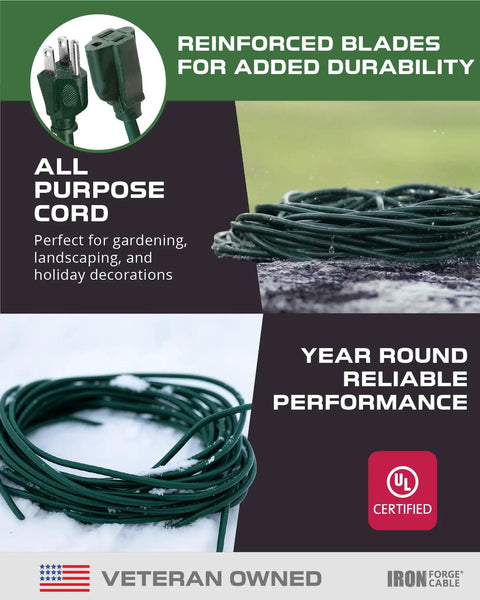 Green Outdoor Extension Cord 100 Ft With 3 Prong Plug 16/3 SJTW Weatherproof Cable For Yard Garden And Landscaping UL Listed