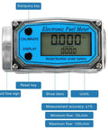 Close-up of Two Pack Digital Turbine Flow Meters for fuel and water with digital display showing settings and buttons.